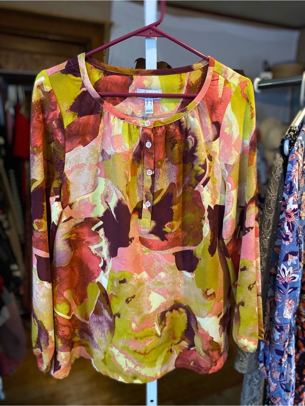 Denim&Co Abstract Watercolor Henley Blouse in Pink, Green & Burgundy